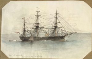 H.M.S. Inconstant, the ship that brought the Irish Orphan girls to Adelaide in 1849, drawing by George Gordon McCrae, 1881. Image via the National Library of Australia.