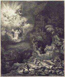 The Angel Appearing to the Shepherds (1634), by Rembrandt van Rijn. Image via Wikimedia Commons.