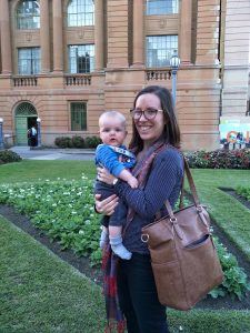 Laura Rademaker and her baby at the 2017 Australian Historical Association Conference. Photograph via author.